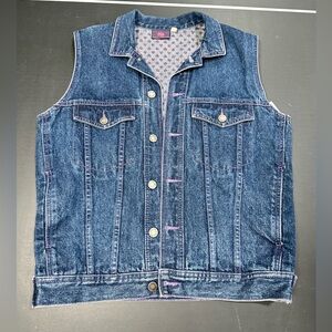 VTG 90s Fuzz Jeans Heart Print Lined Denim Vest Contrast Purple Stitch Large/Med